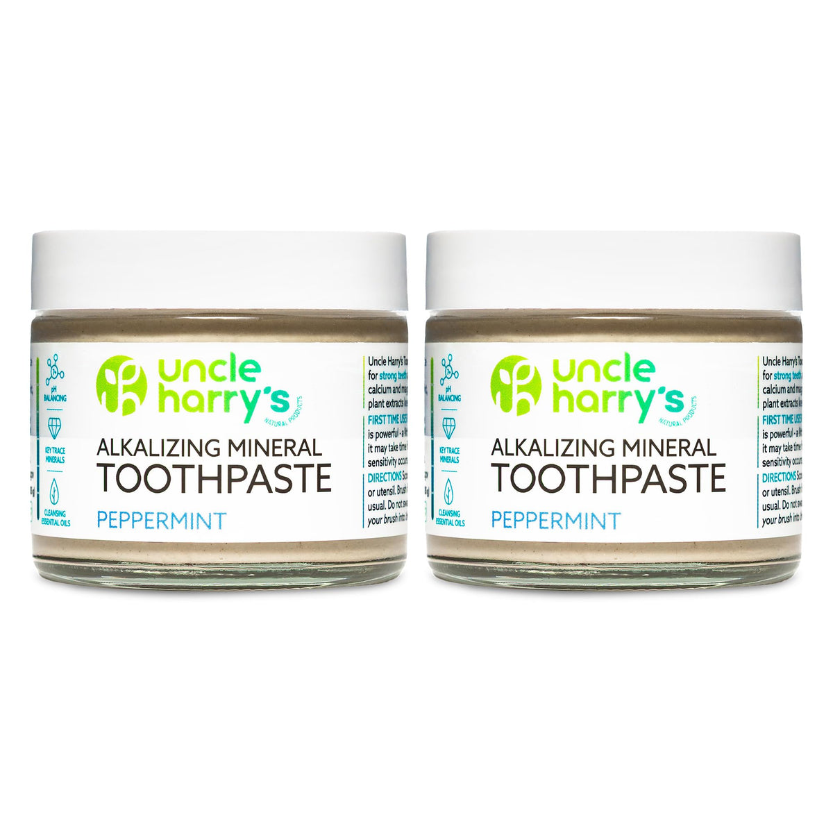 Uncle Harry's Peppermint Remineralizing Toothpaste in a glass jar for eco-friendly brushing.