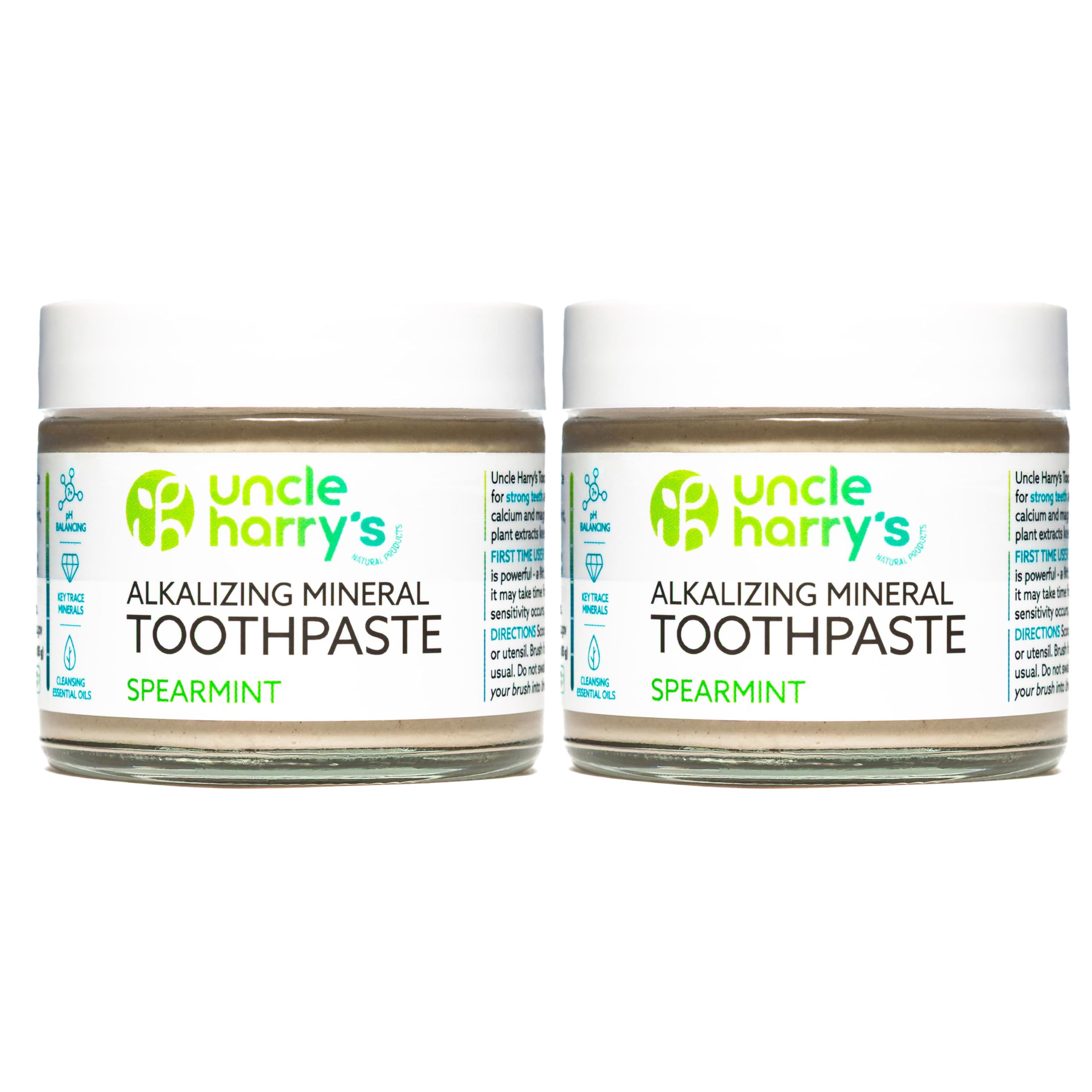 Uncle Harry's Spearmint remineralizing toothpaste jar front view for fresh breath.