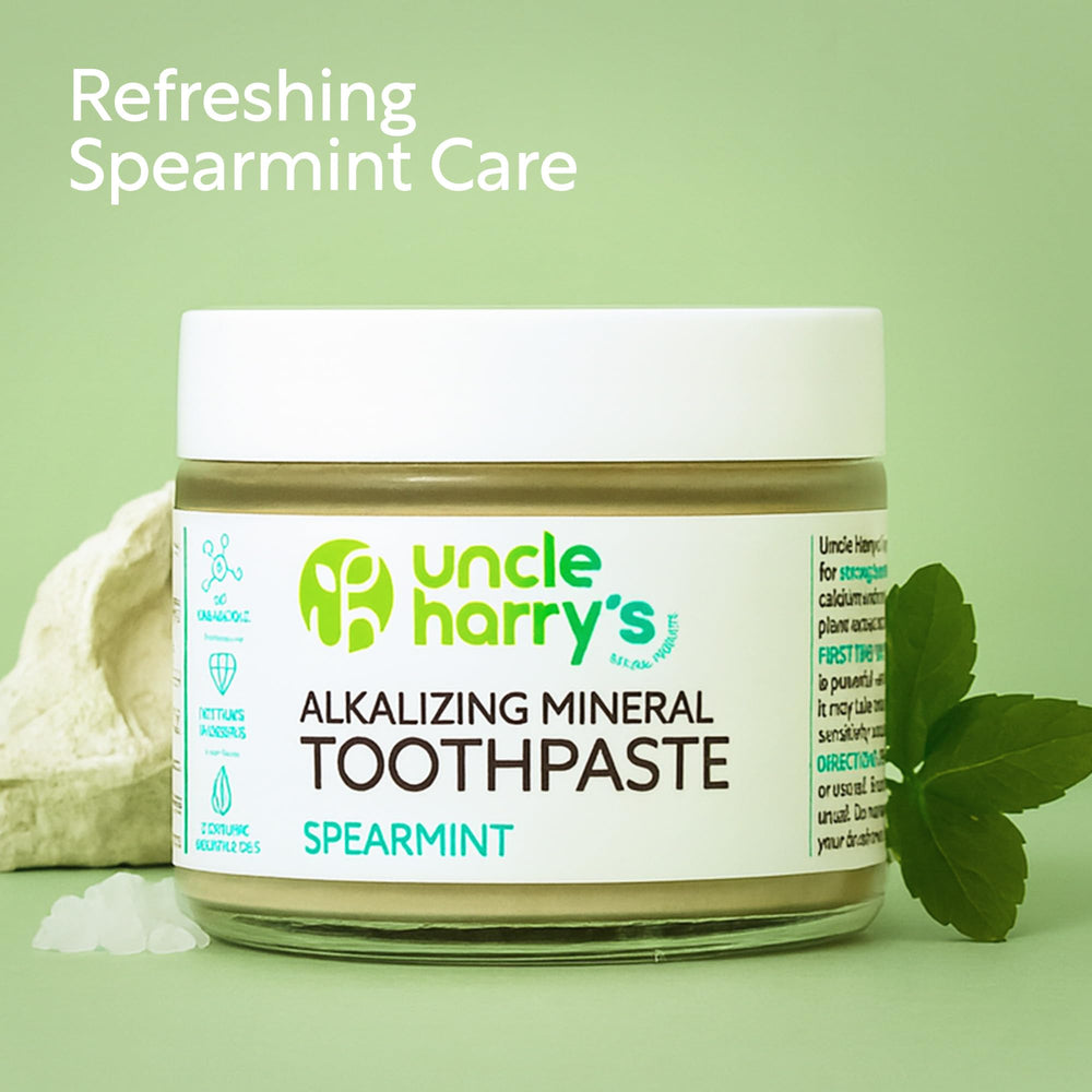 Natural ingredients close-up highlighting spearmint scent in Uncle Harry's toothpaste.