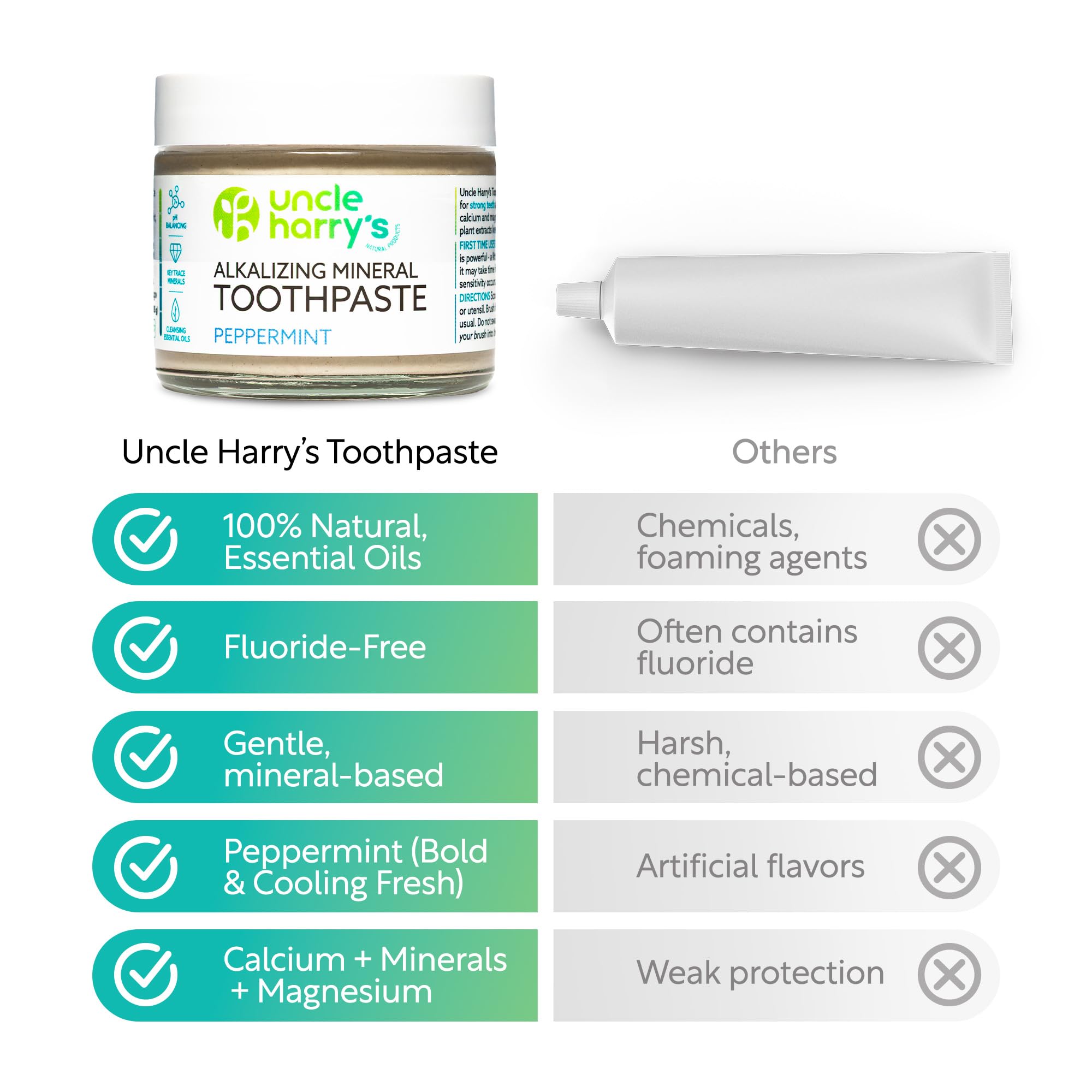 Vegan, fluoride-free Uncle Harry's label highlighting clean ingredients for sensitive mouths.