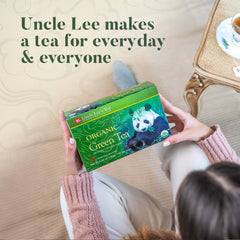 Uncle Lee's Organic Green Tea iced glass highlights refreshing cold option.