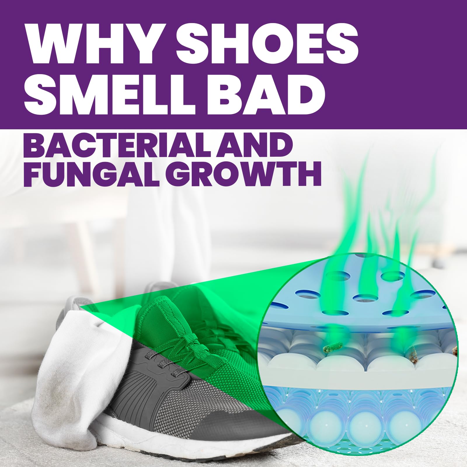 Uncle Todd's Odor Stomp spray being applied to a shoe for odor control.
