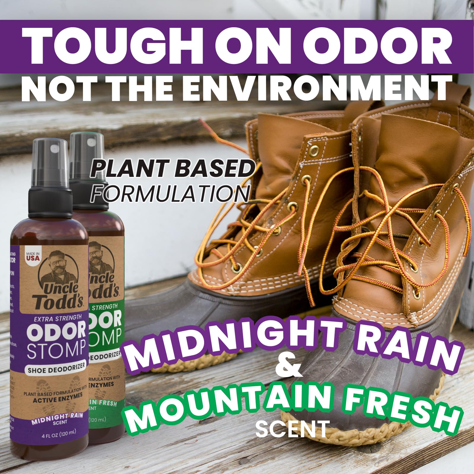 Uncle Todd's Odor Stomp Midnight Rain bottle promises long-lasting freshness.