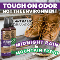 Uncle Todd's Odor Stomp Midnight Rain bottle promises long-lasting freshness.