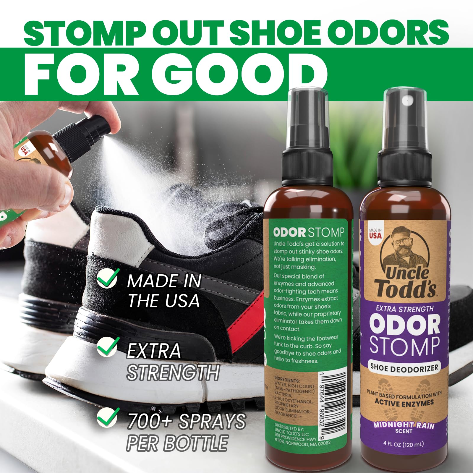 Uncle Todd's Odor Stomp Mountain Fresh bottle highlights a refreshing scent.