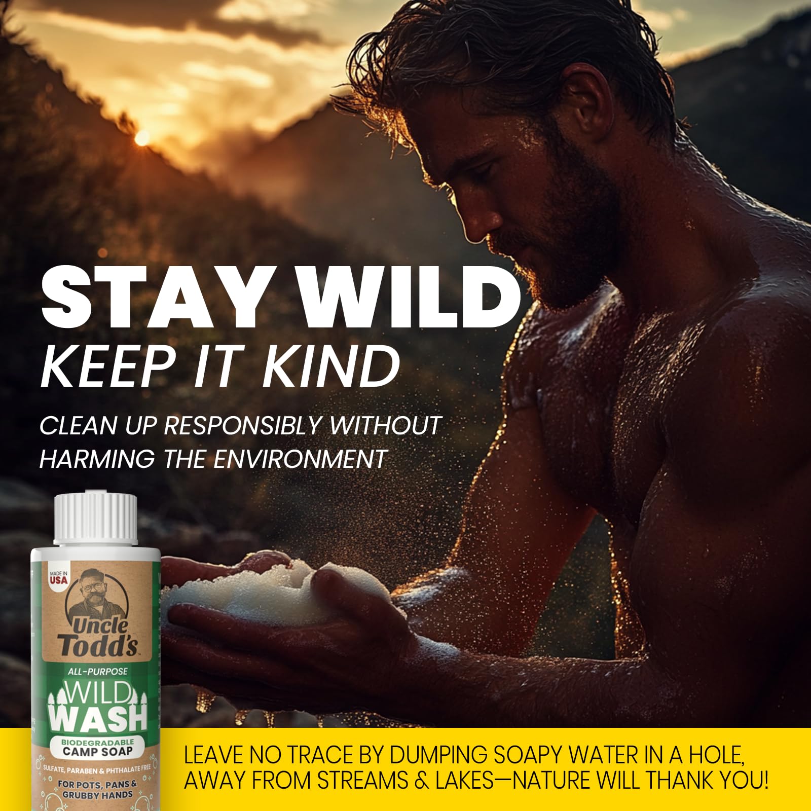 US-made Uncle Todd's Wild Wash bottle for rugged outdoor use