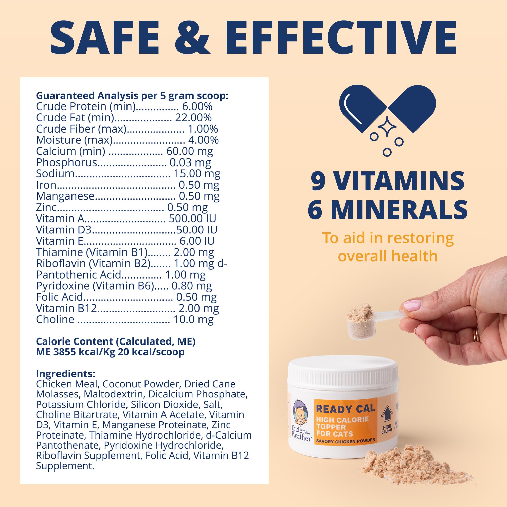 Nutrition label detail on Ready Cal powder jar for transparency.