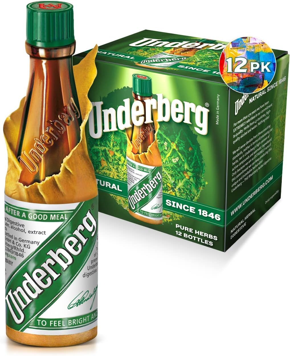 Underberg pack of 12 bottles with 20 ml portions for convenient dining and sharing