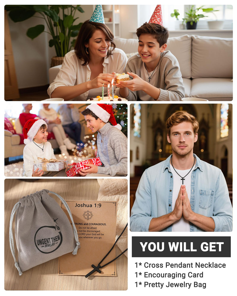 UNGENT THEM cross necklace worn by teens pairs with casual outfits and faith symbolism.