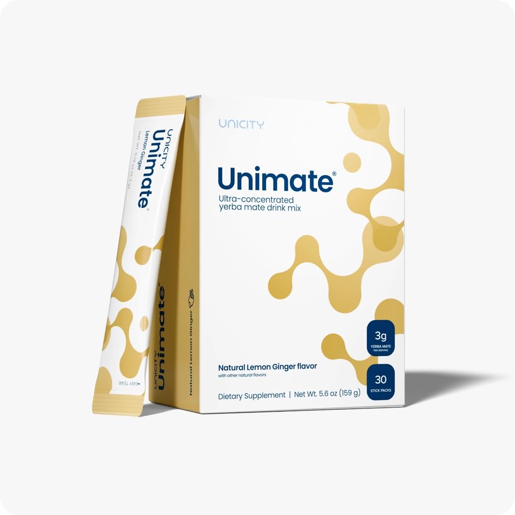 Unicity Unimate lemon-ginger stick packs for convenient daily energy.