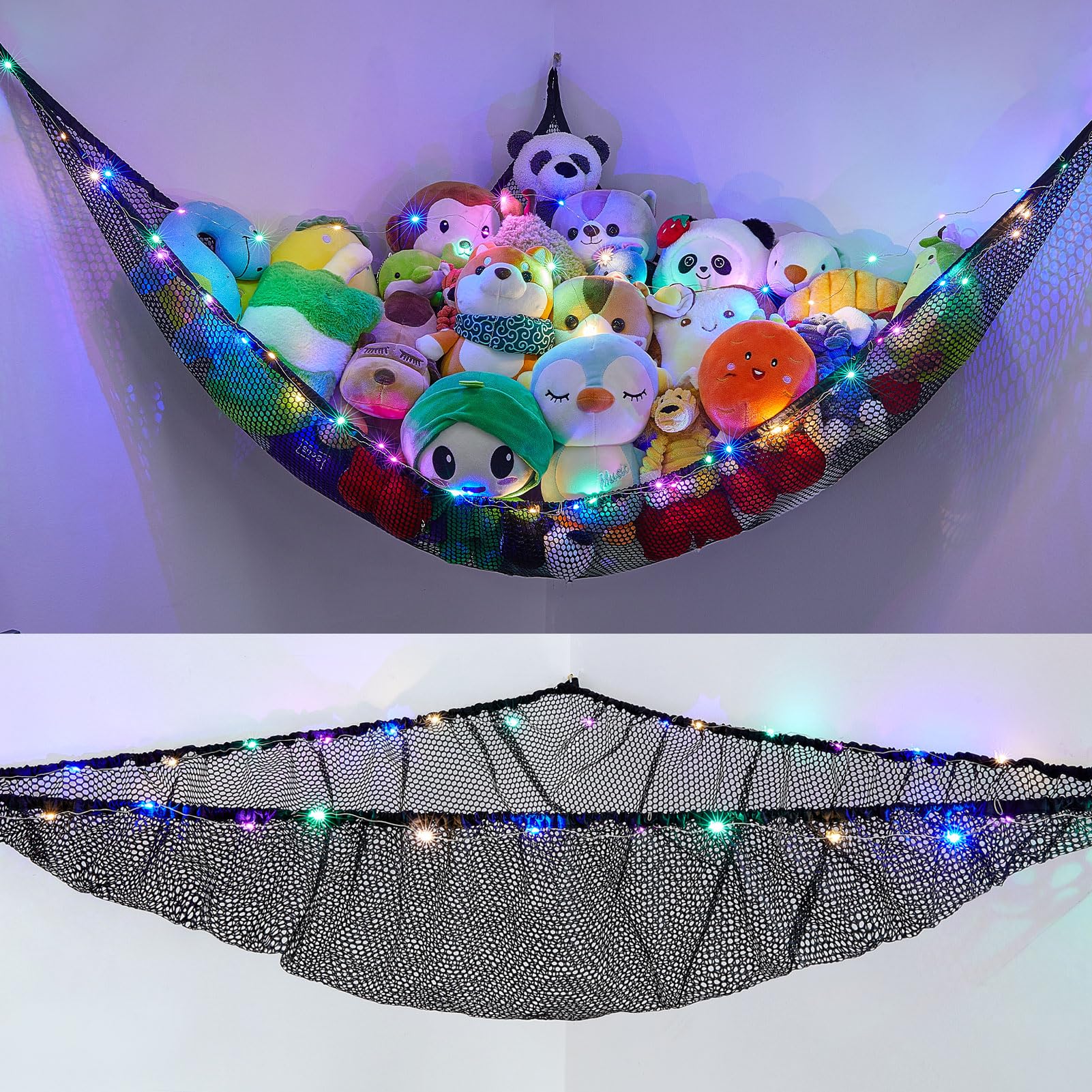 Unicorn Castle stuffed animals hammock with LED light in black, ideal for cozy playroom organization.