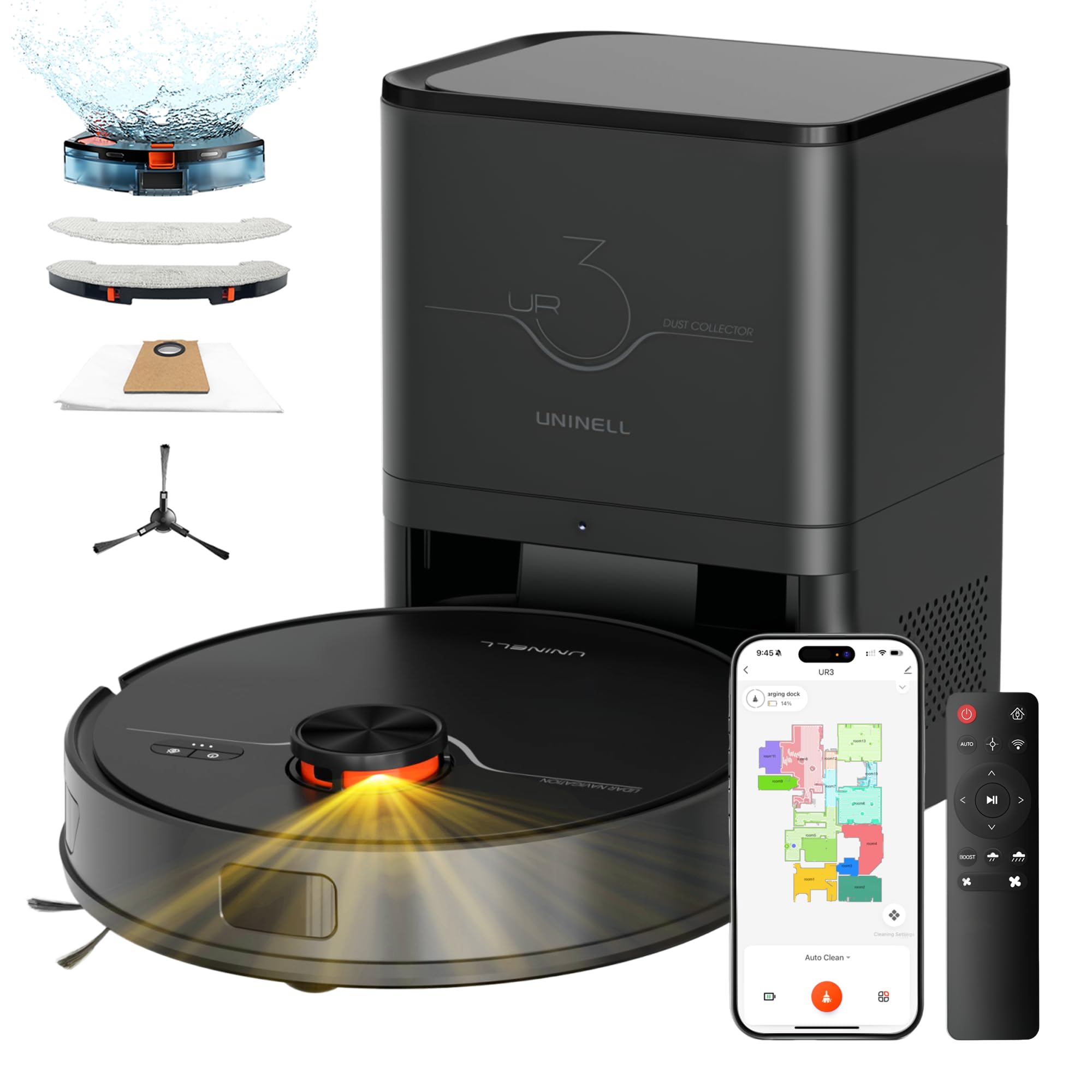 Uninell robot vacuum with self-emptying station enabling weeks of hands-free cleaning.
