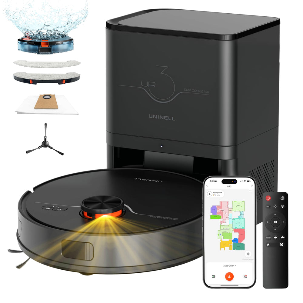 Uninell robot vacuum with self-emptying station enabling weeks of hands-free cleaning.