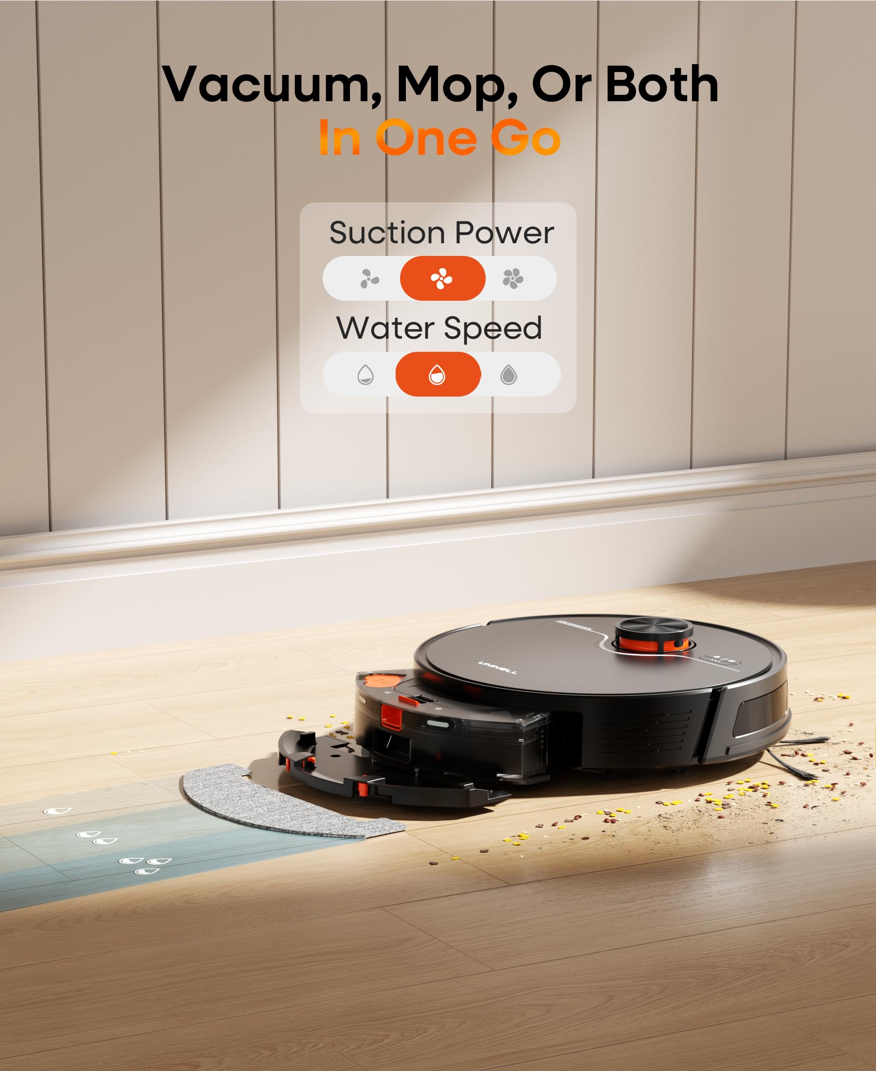 Uninell robot vacuum features a tangle-free brush to minimize hair wrap.