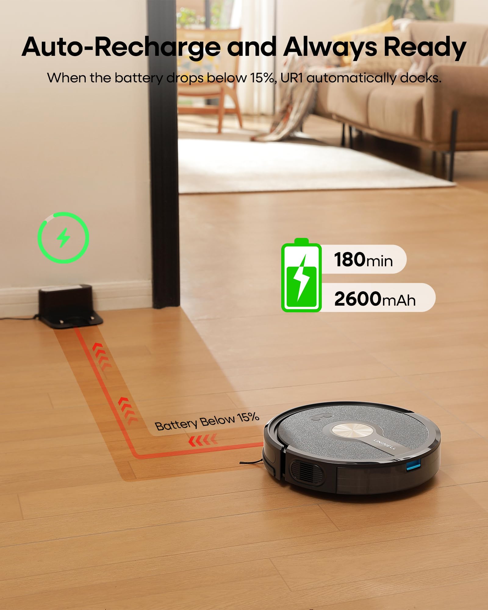 uninell UR1 docks automatically for seamless recharging.