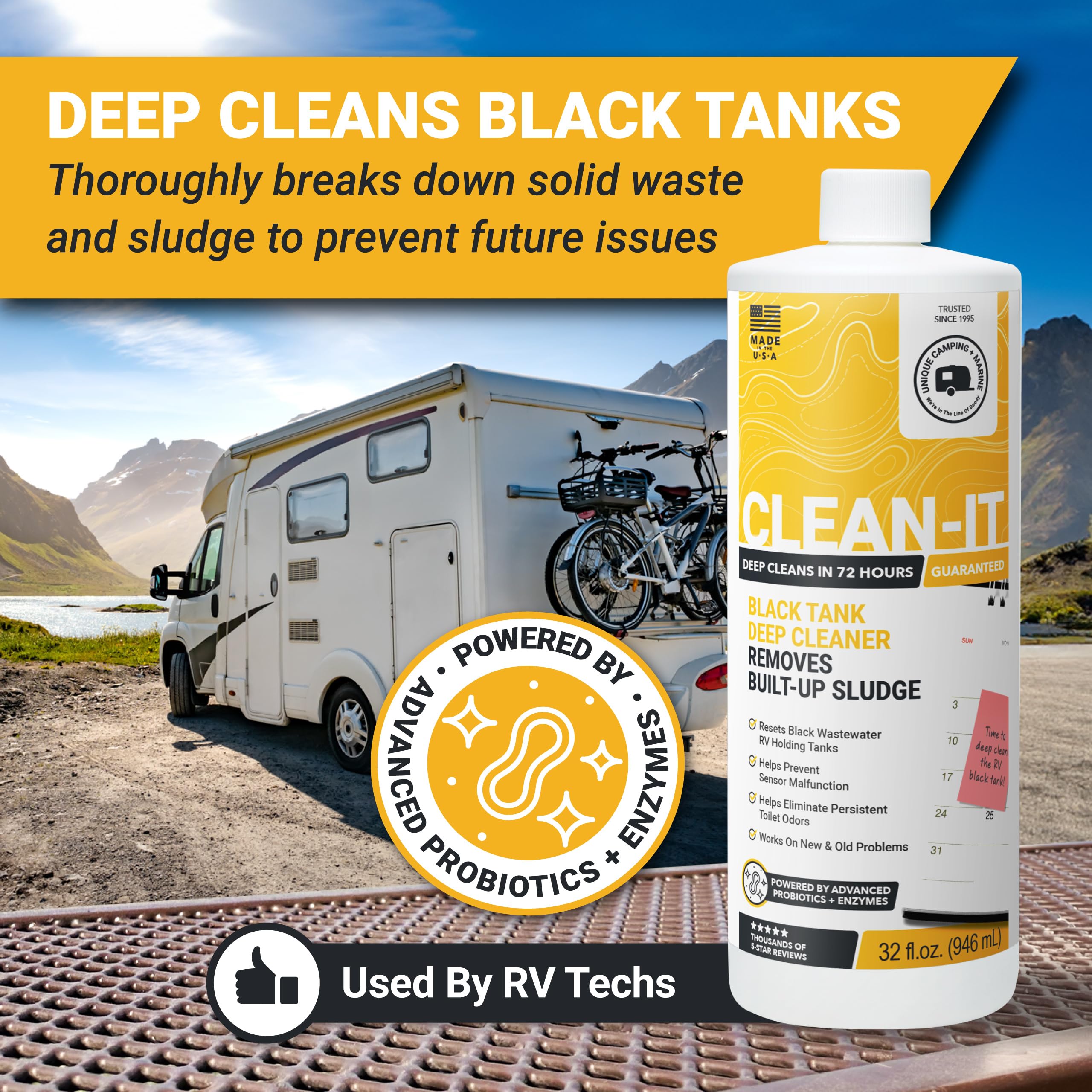 Unique Clean-It tank interior cleaning action shows removal of sludge and odors inside the black tank.