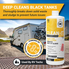 Unique Clean-It tank interior cleaning action shows removal of sludge and odors inside the black tank.