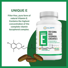 Unique E soft gels pack highlights all-natural vitamin E benefits.