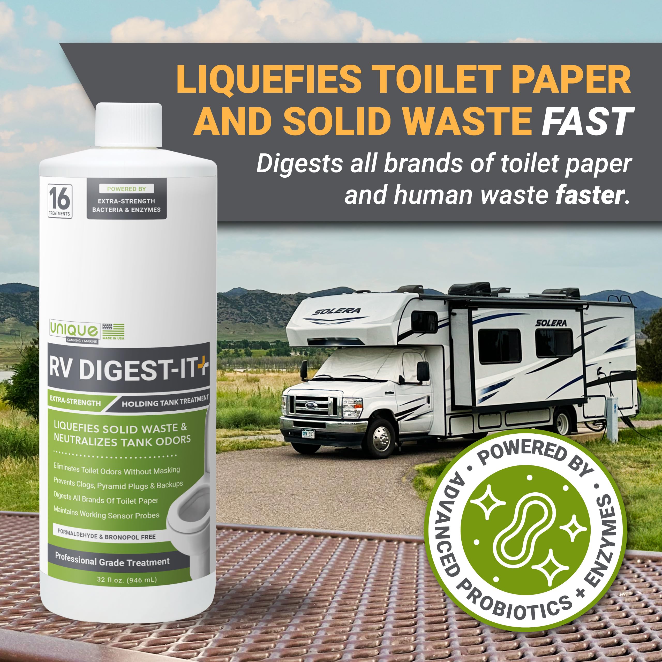 Pouring Unique RV Digest-It+ into an RV toilet for odor control.