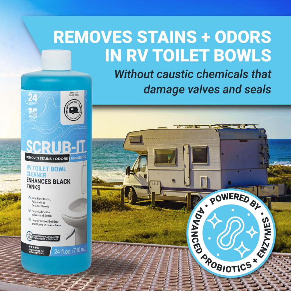 Inside RV toilet bowl showing stain removal with Unique Scrub-It