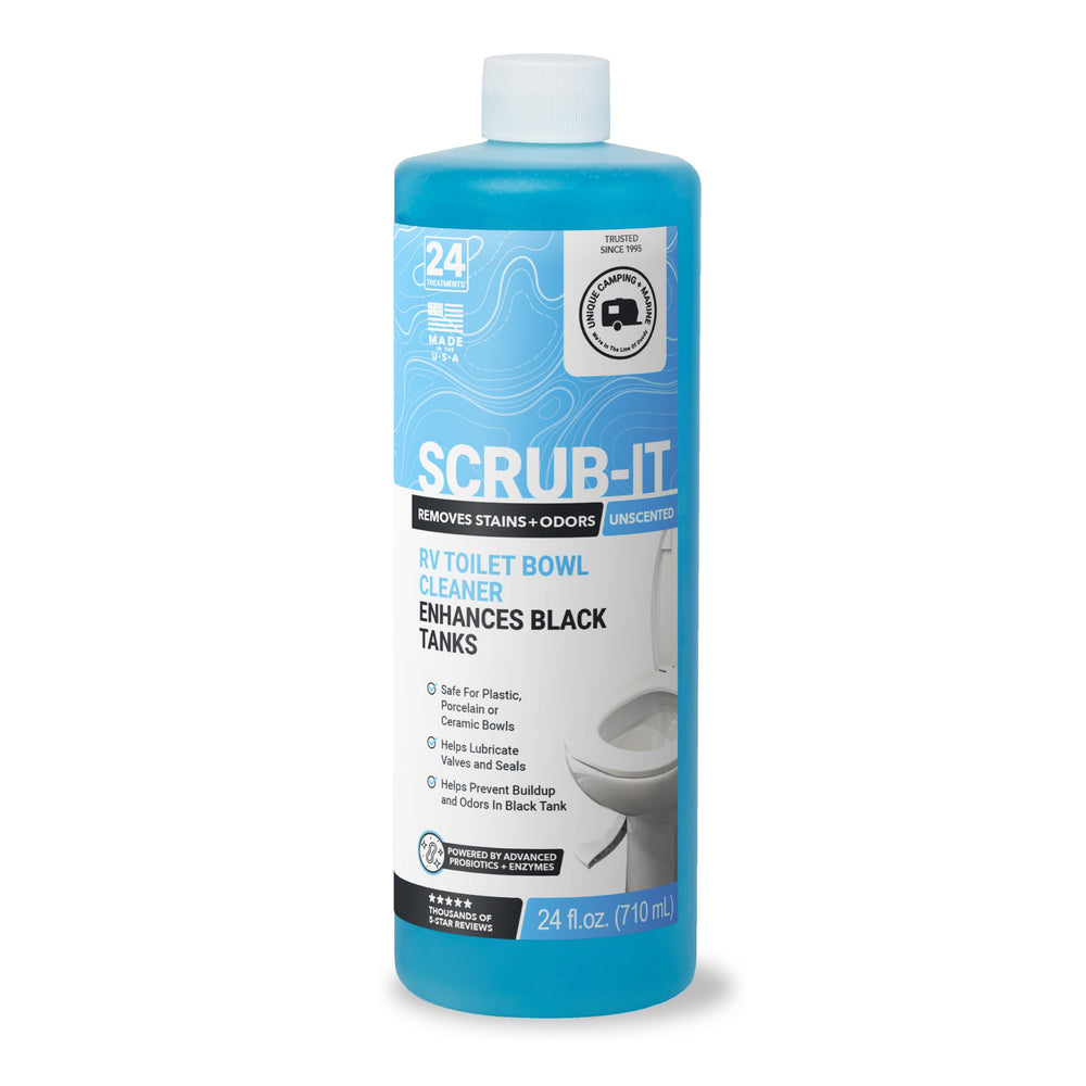 Unique Scrub-It RV liquid bottle for easy RV toilet cleaning