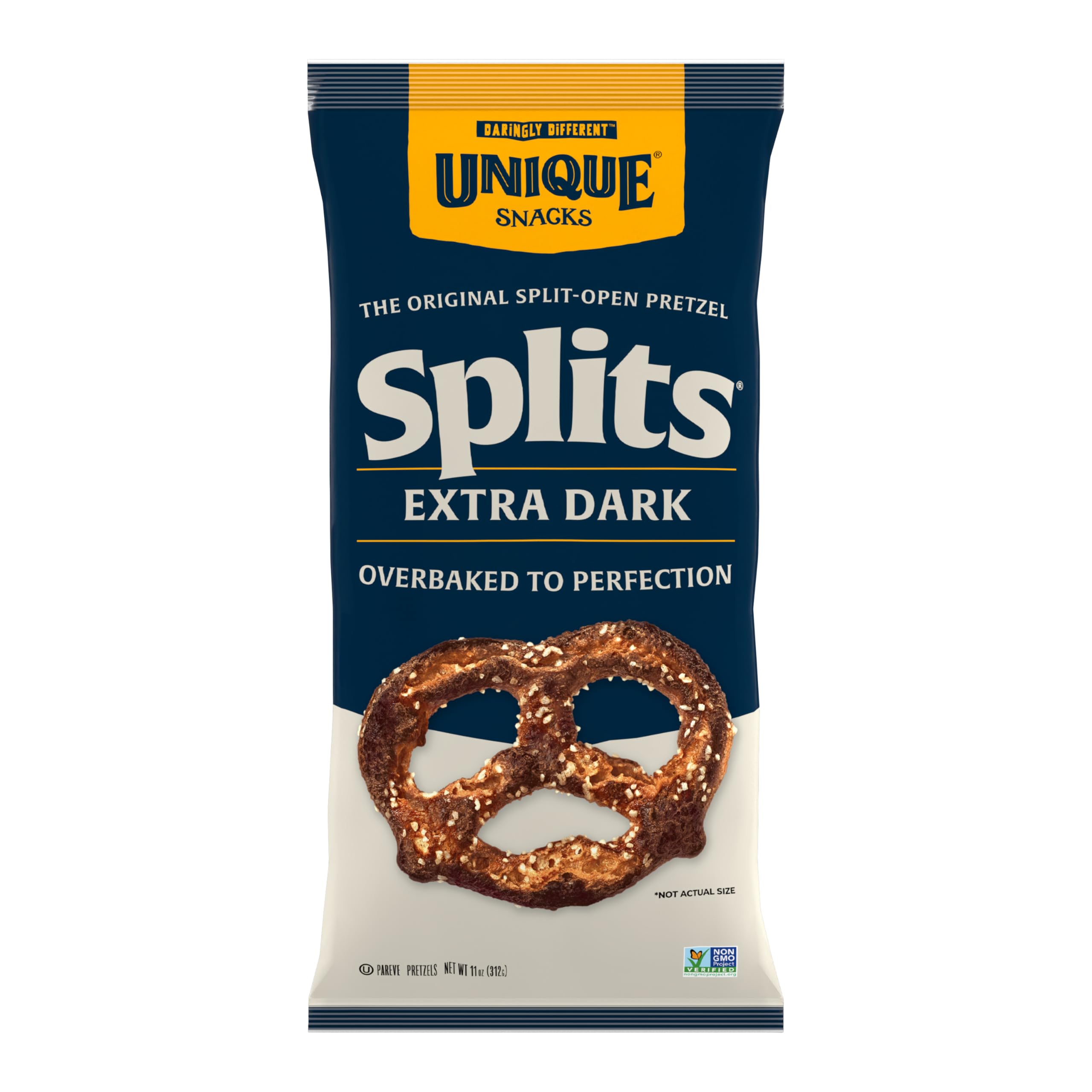 Unique Snacks Extra Dark Splits Pretzels exhibit bold charred flavor for a savory snack.