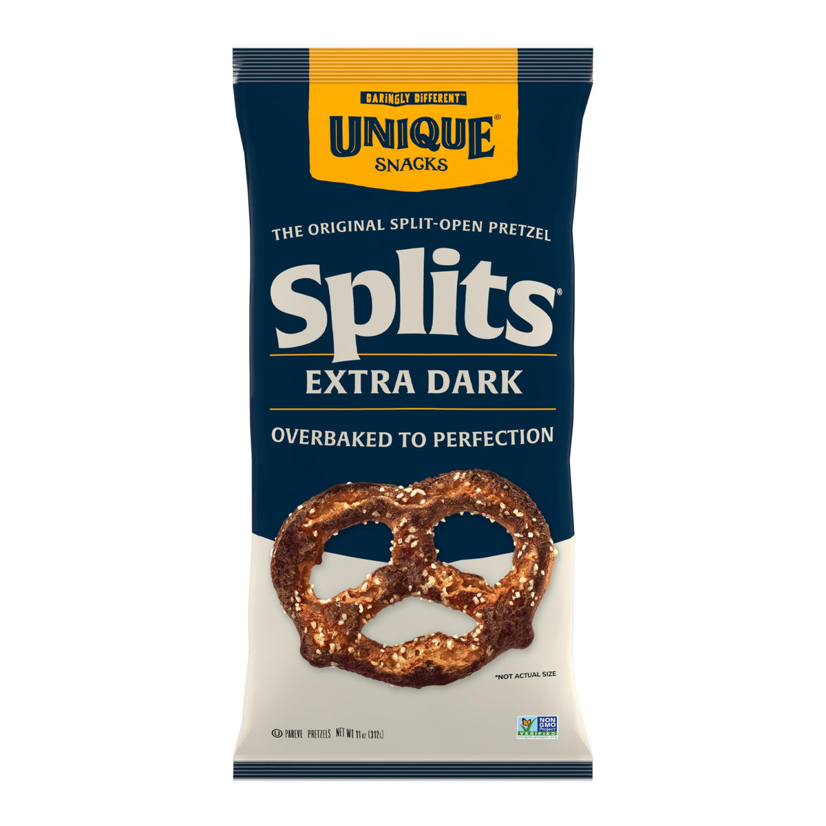 Unique Snacks Extra Dark Splits Pretzels exhibit bold charred flavor for a savory snack.