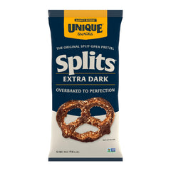Unique Snacks Extra Dark Splits Pretzels exhibit bold charred flavor for a savory snack.
