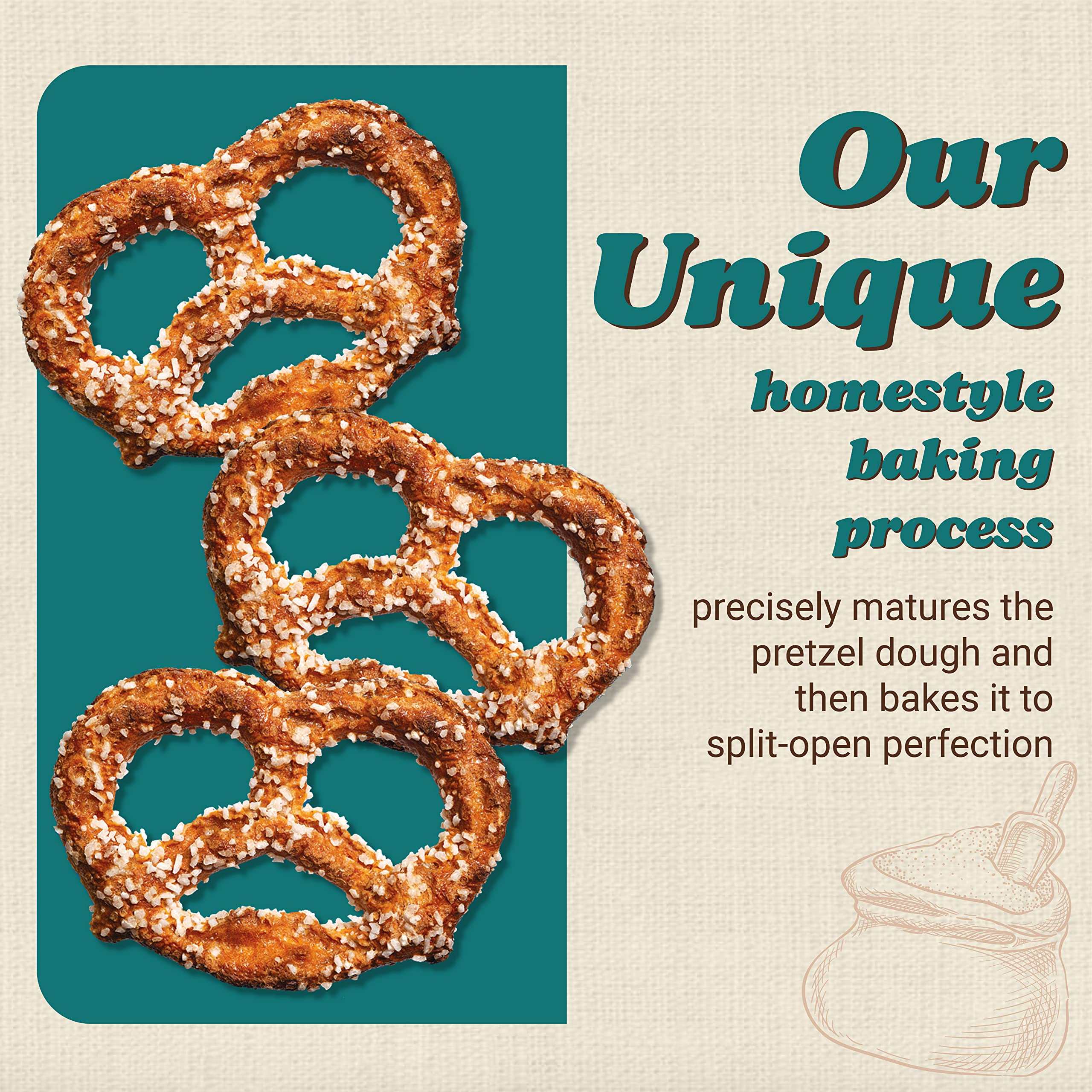 Unique Snacks Extra Salt Splits Pretzels non-GMO, all-natural ingredients highlighted