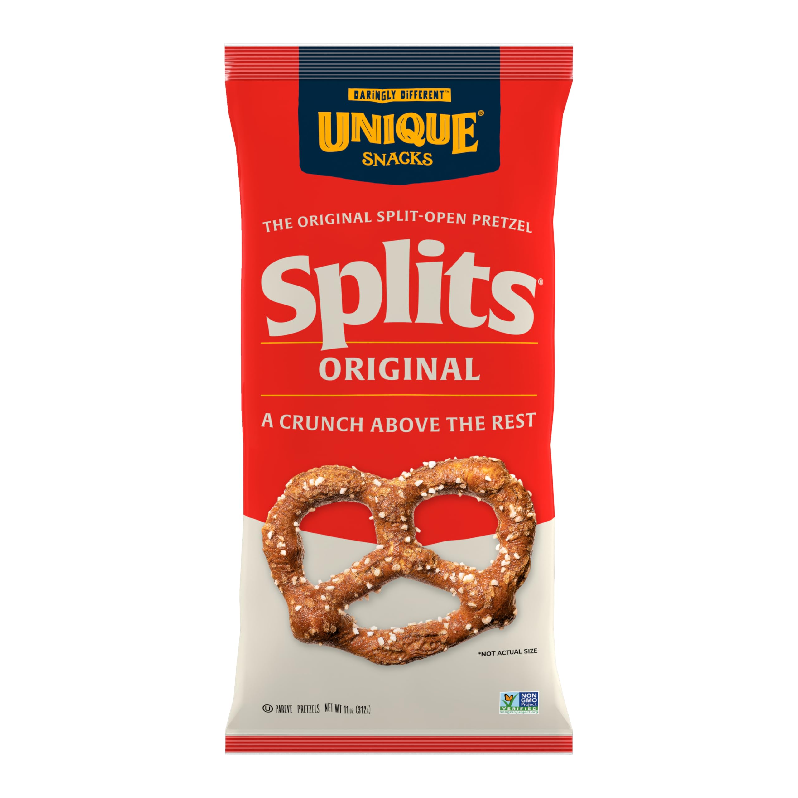 Unique Snacks Original Splits bag showing split-open pretzels ready for on-the-go snacking