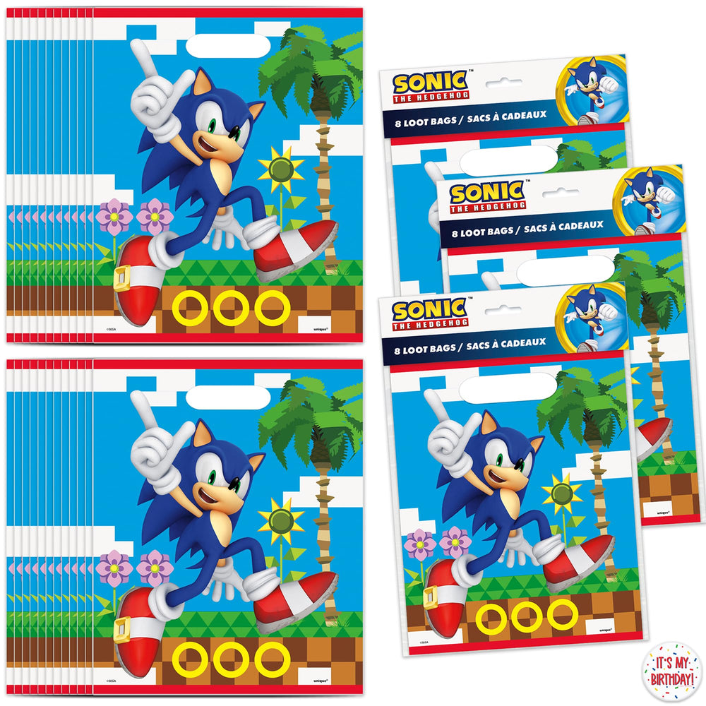 Unique Sonic party bags showcase vibrant designs, perfect for party favors.