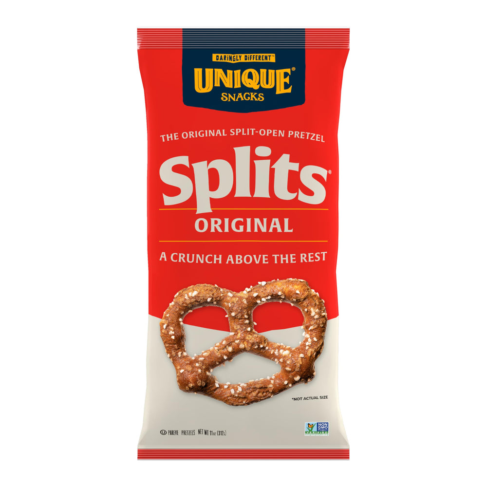 Unique Snacks Original Splits Pretzels front pack view highlighting split open grooves for crunchy texture