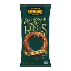 Unique Snacks sourdough craft beer pretzel rings close-up showing golden, crunchy texture