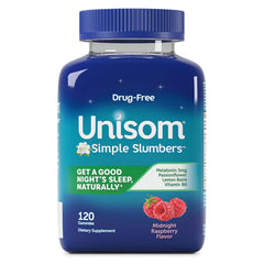 Unisom Simple Slumbers Midnight Raspberry bottle provides drug-free sleep support.