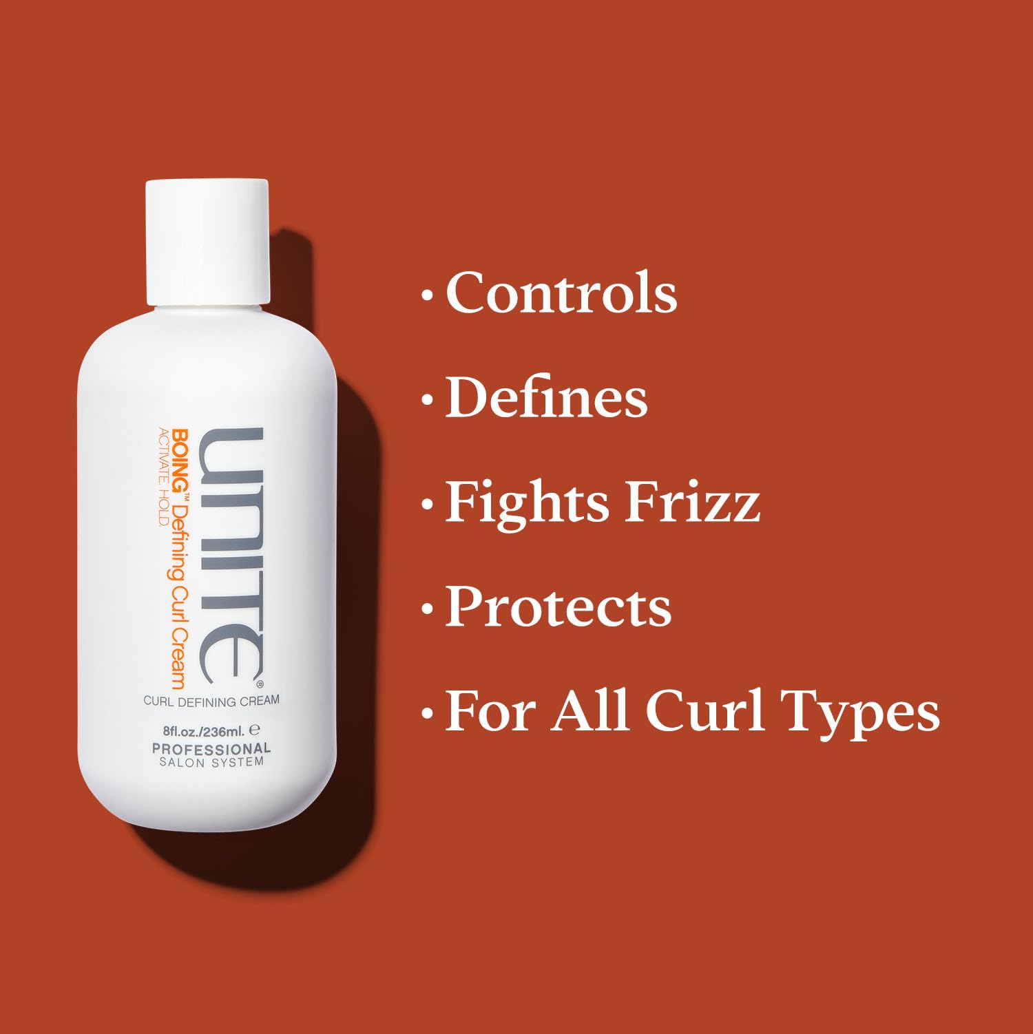 UNITE BoING Defining Curl Cream close-up highlights coconut oil and nourishing ingredients.
