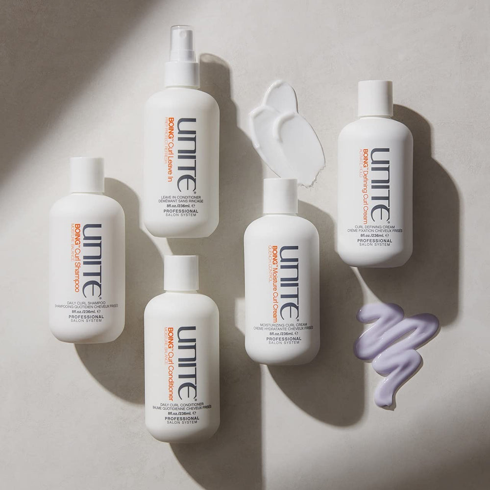 UNITE BoING Defining Curl Cream on waves delivers shine and weightless hold.