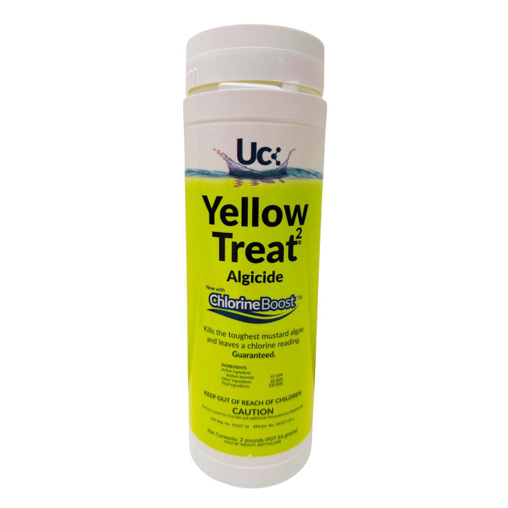 United Chemicals Yellow Treat powder container for yellow algae control in pools and spas, pet-safe