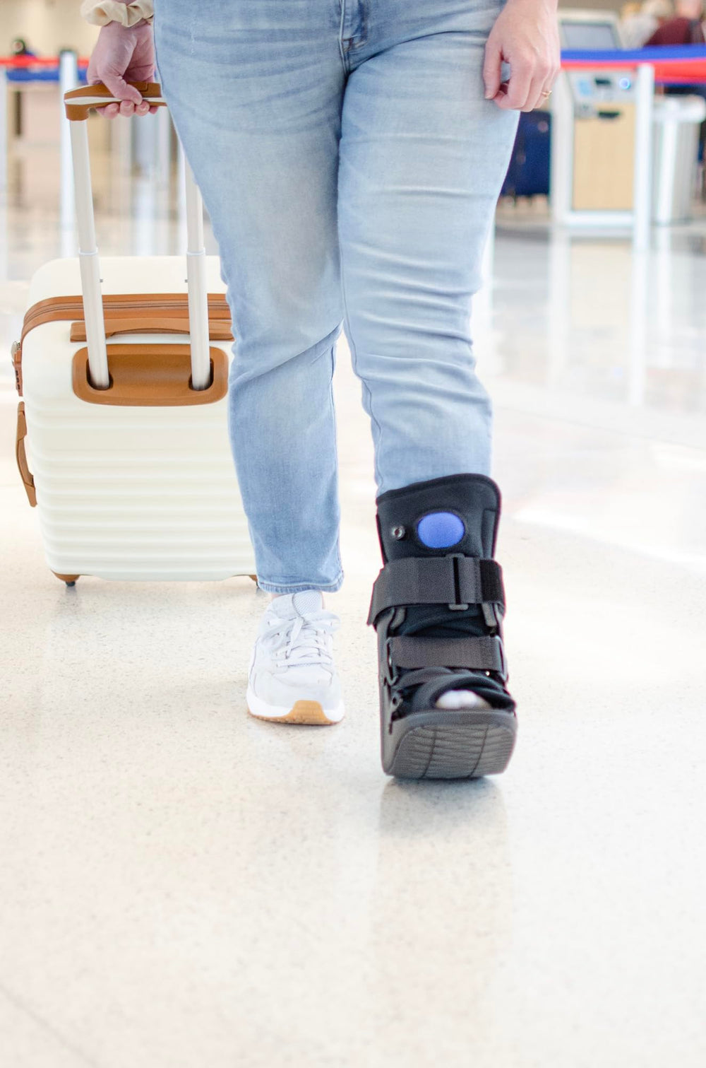 Strap closeup on United Ortho CAM Walker boot shows secure tightening