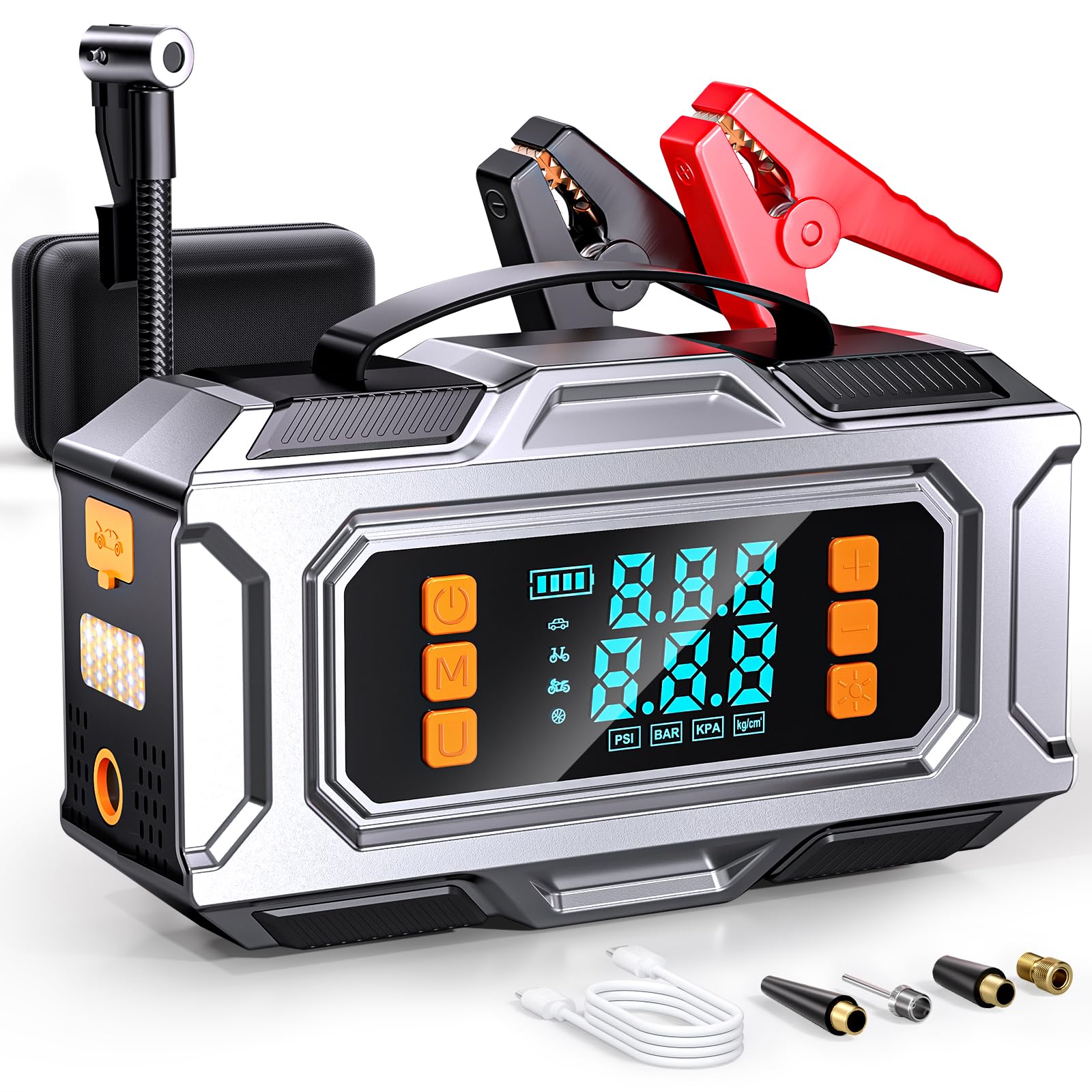 Unleivpe jump starter with air compressor in front view for quick vehicle starts