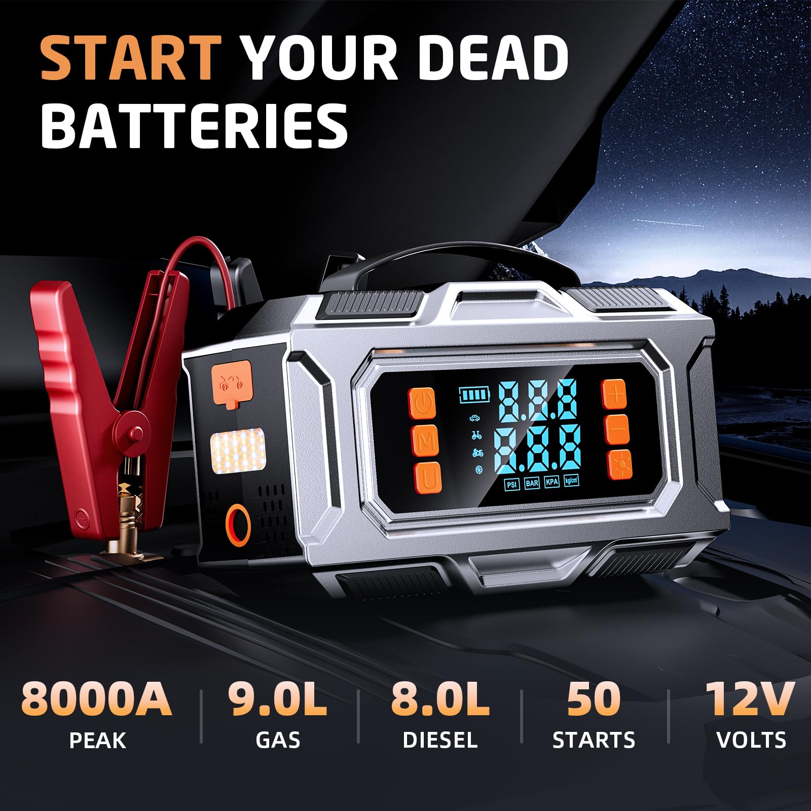 Unleivpe jump starter LCD display showing real-time pressure