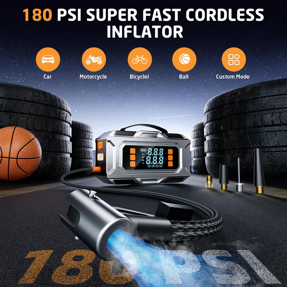 Unleivpe air compressor inflating tire with auto-stop for target pressure