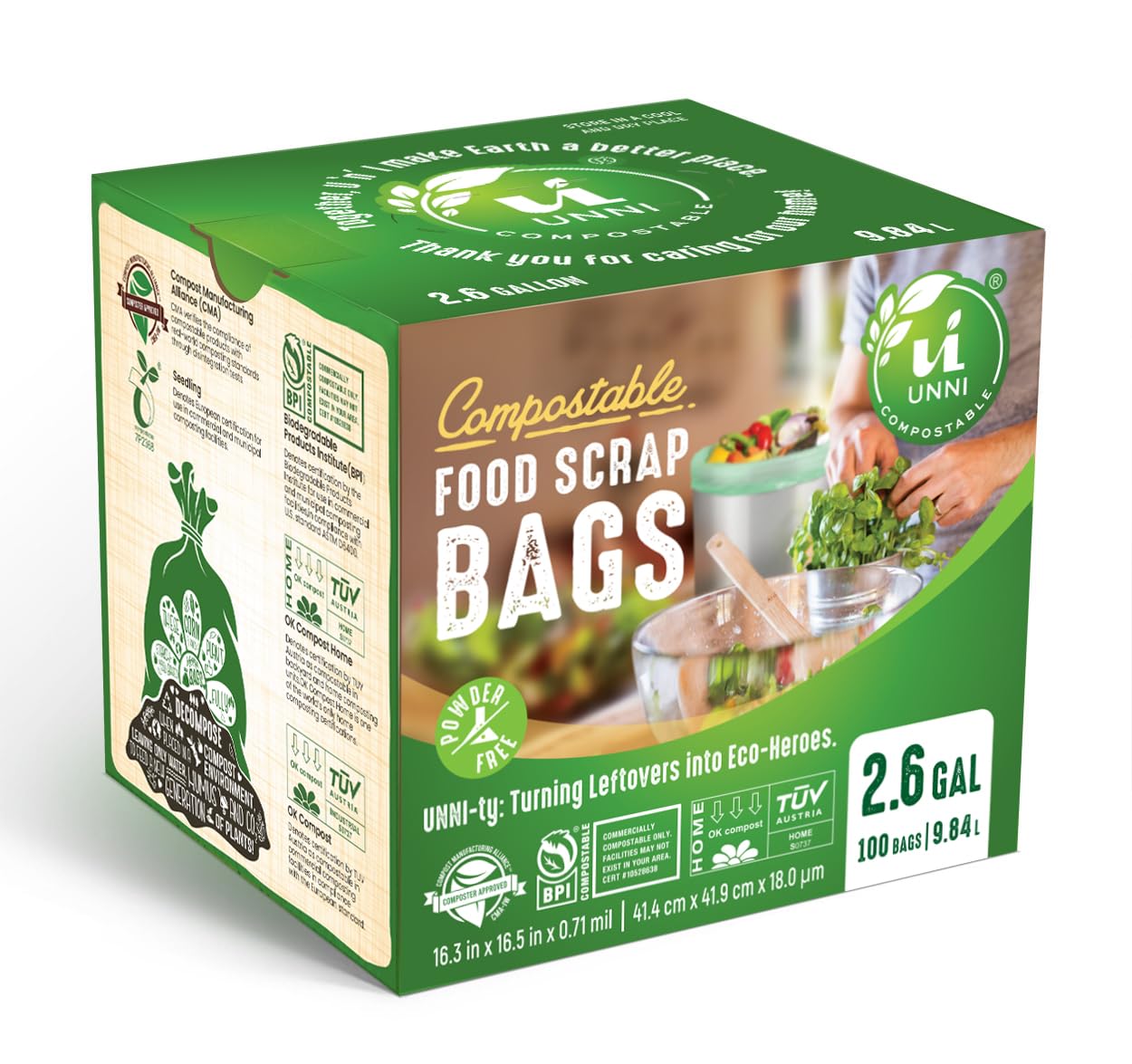 UNNI ASTM D6400 home compostability certification indicated on packaging