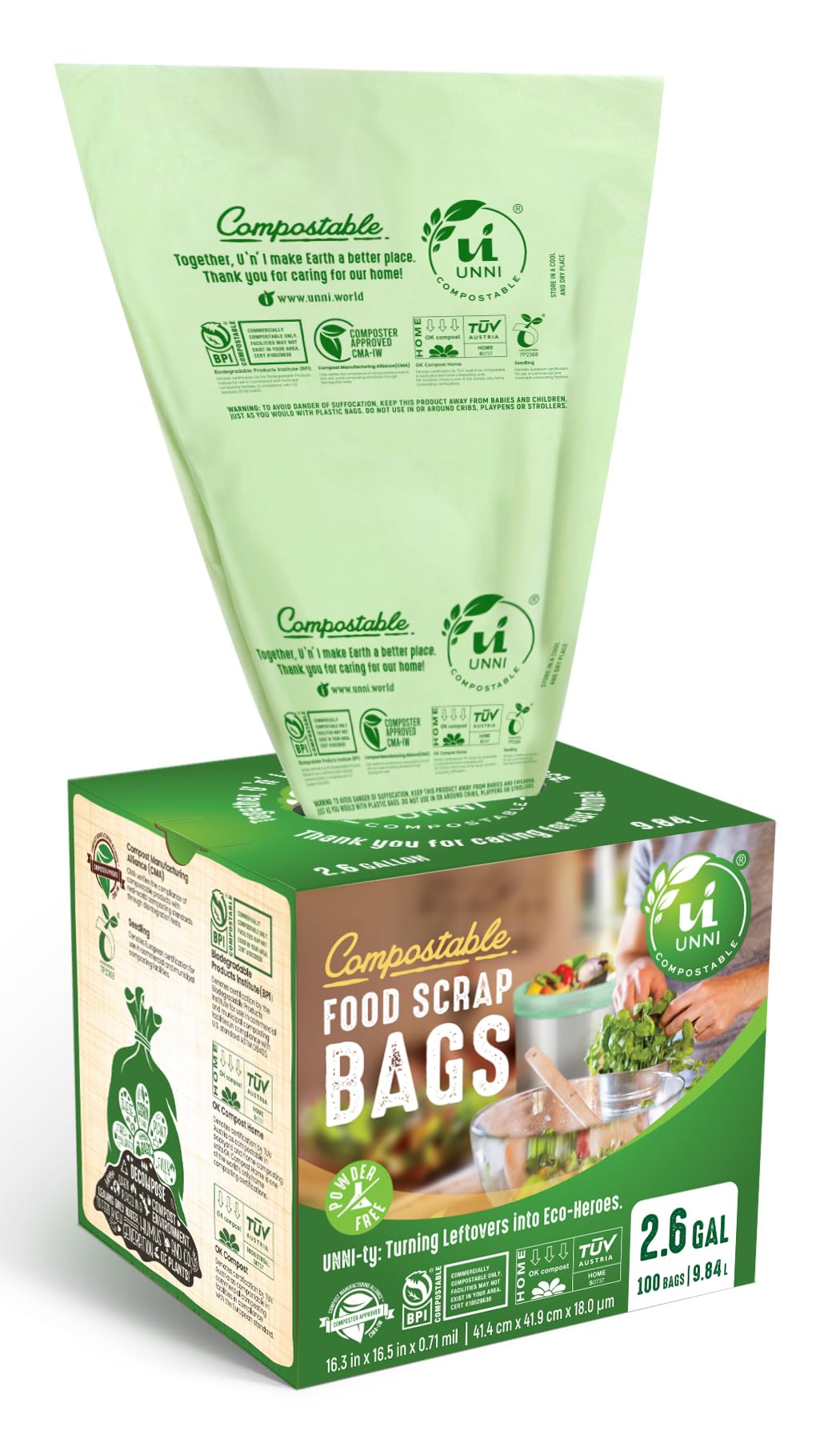 UNNI compostable bags for 2.6-gallon kitchen scraps, ready to use