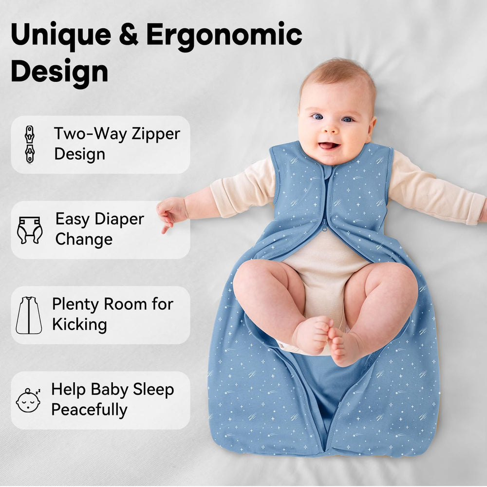 Unnivoll sleep sack blue rainbow pattern engages visual attention.
