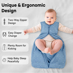 Unnivoll sleep sack blue rainbow pattern engages visual attention.
