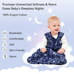 Unnivoll sleep sack blue side view highlights easy 2-way zipper for diaper changes.