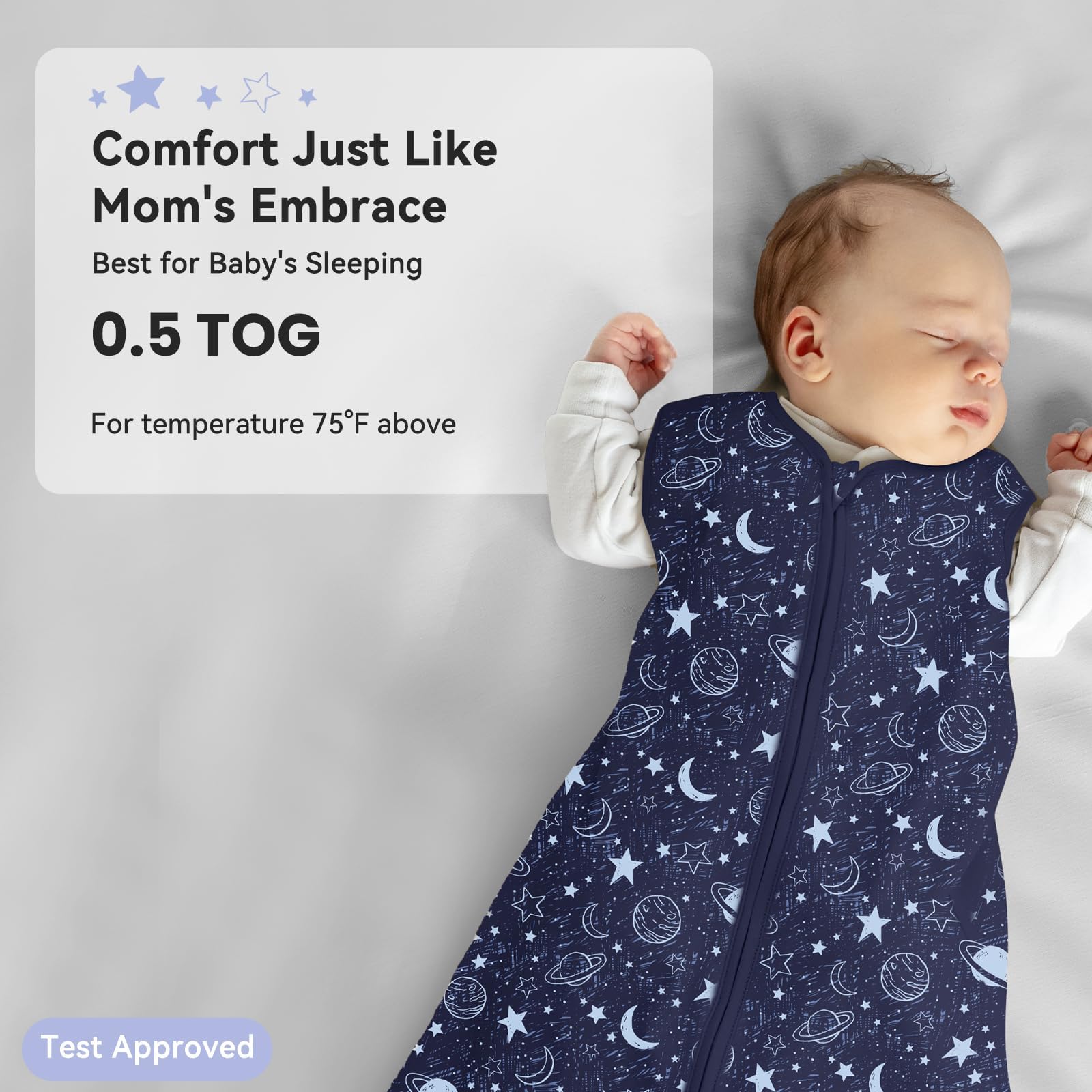 Unnivoll sleep sack blue star pattern promotes visual interest.