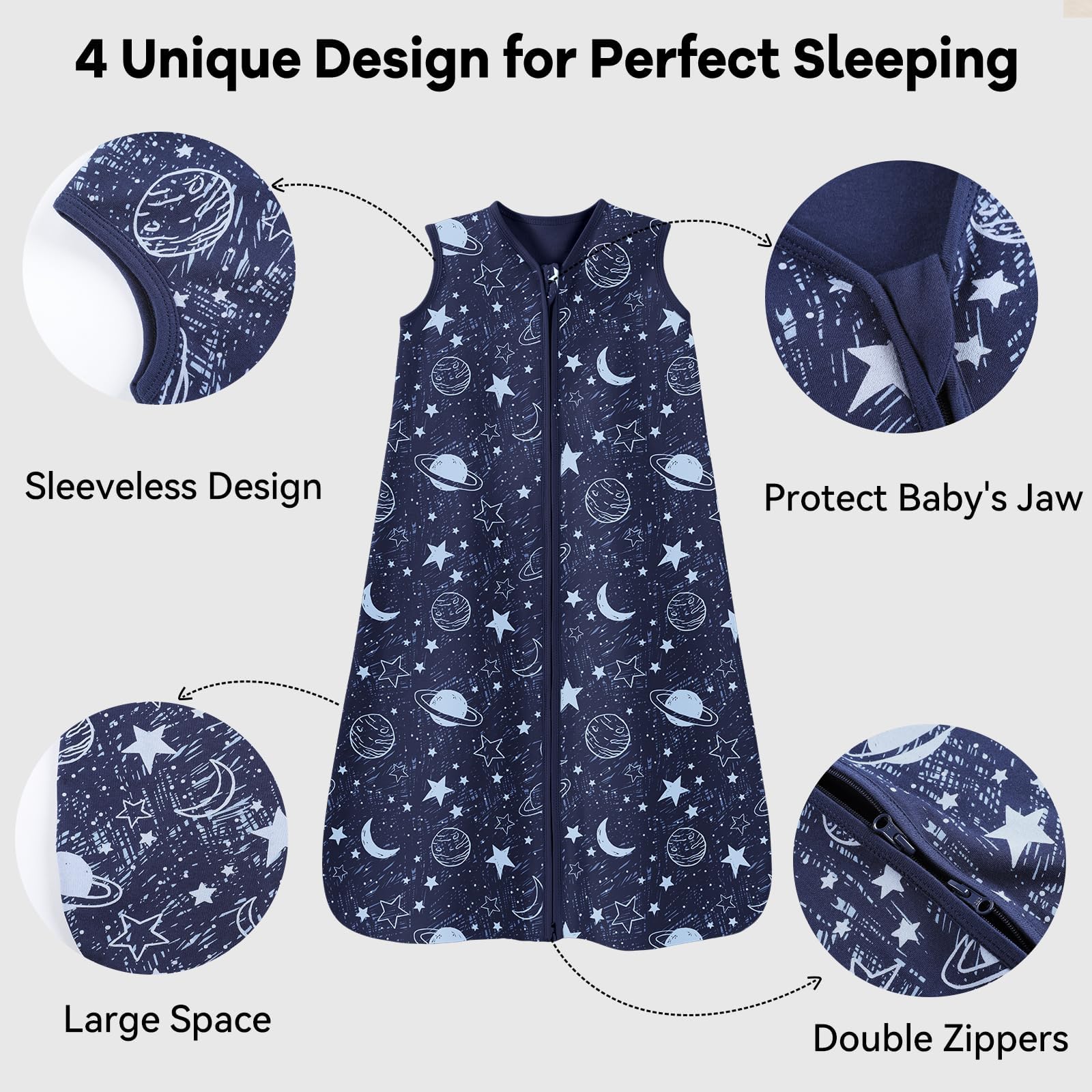 Unnivoll sleep sack blue zipper guard protects baby's chin during sleep.
