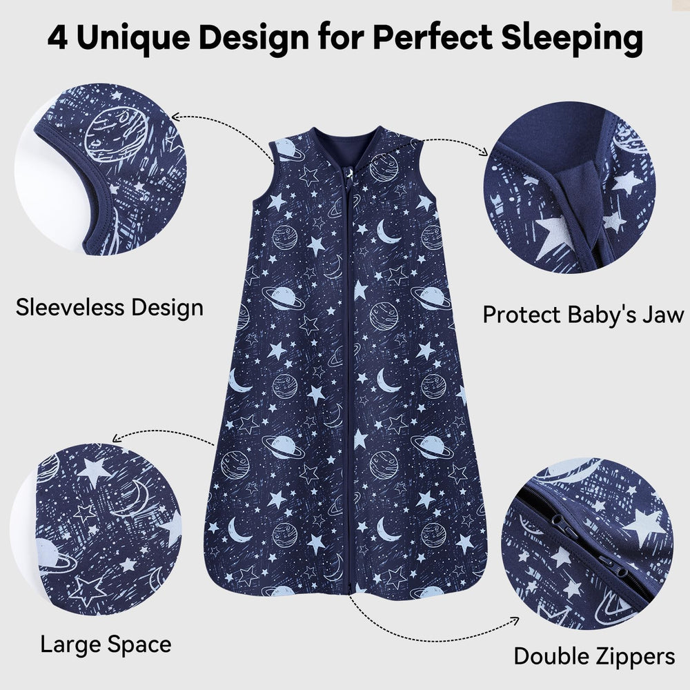 Unnivoll sleep sack blue zipper guard protects baby's chin during sleep.