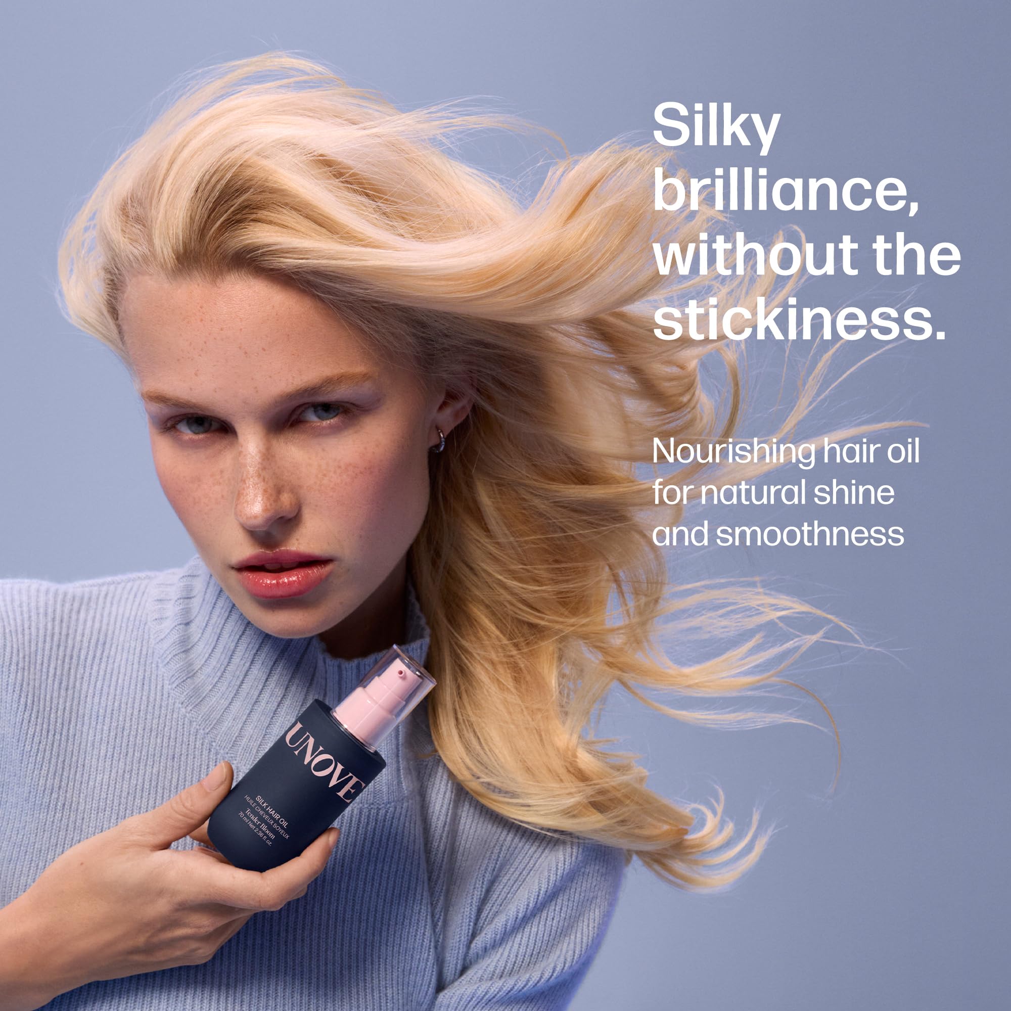 UNOVE Silk Oil Essence packaging shows a convenient pump bottle.
